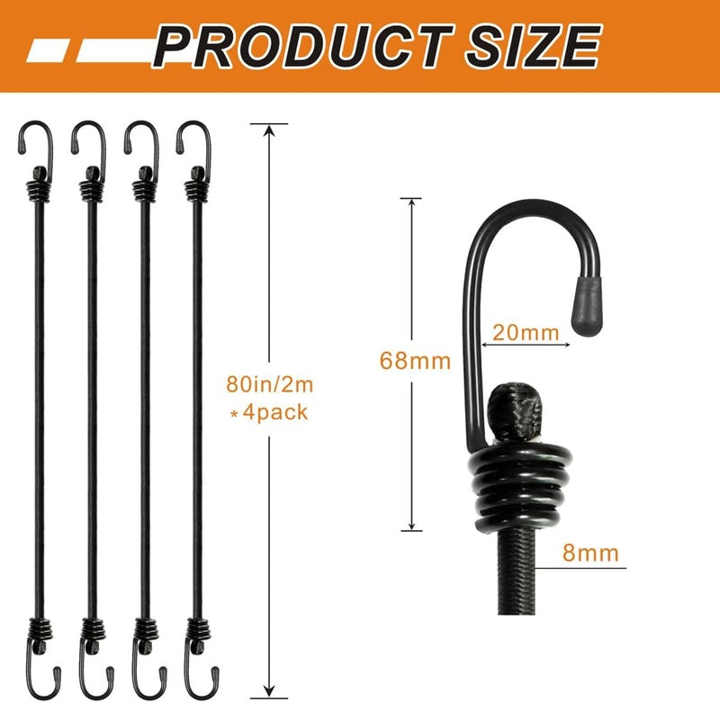 BEXSLE Bungee Cords with Hooks 2m Long, Heavy Duty Outdoor Elastic Bungee Straps, No Odour Industrial Grade Bungee Rope for Securing Tarps, Luggage, Tents, Bikes or Garden Tidying 80inch 4Pcs (Black) - Image 4